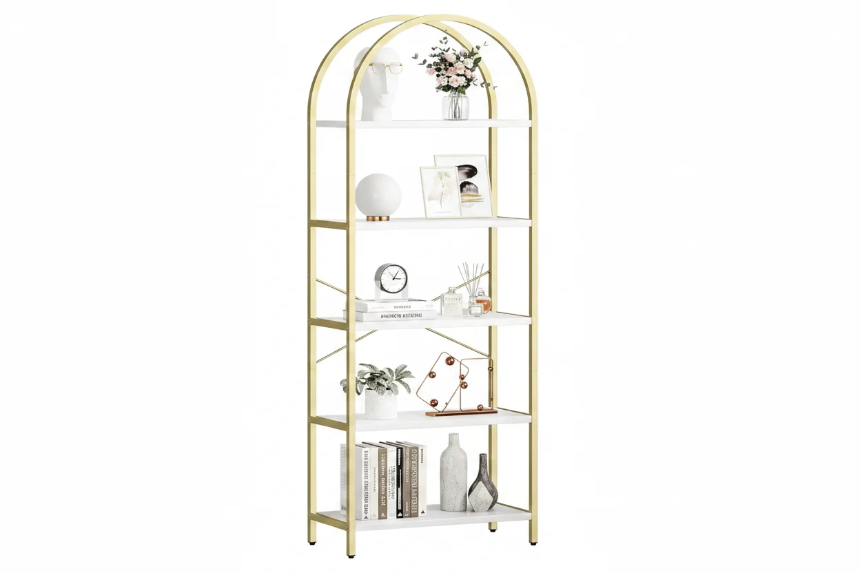 2 packs 5-Tier Arched Bookshelf with Metal Frame, Tall Standing Display Storage Rack for Bedroom Living Room Home Office, White & Gold