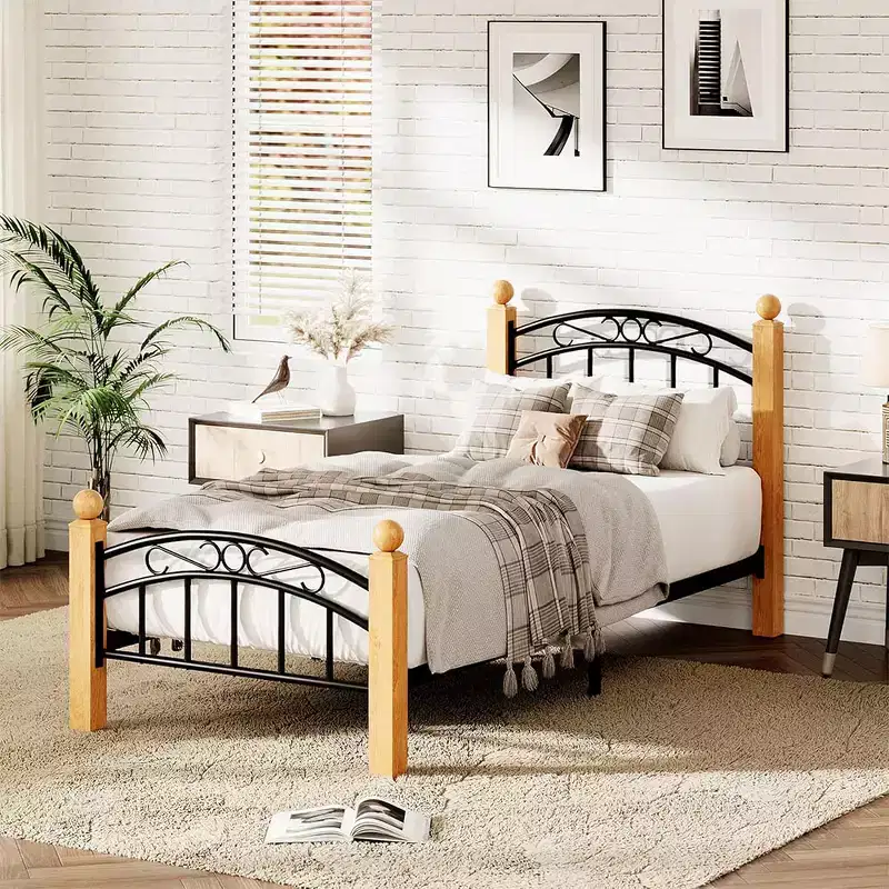 Metal Platform Frame with Victorian Classic Iron-Art Headboard & Footboard, Steel Slats Mattress Foundation for Storage, No Box Spring Needed