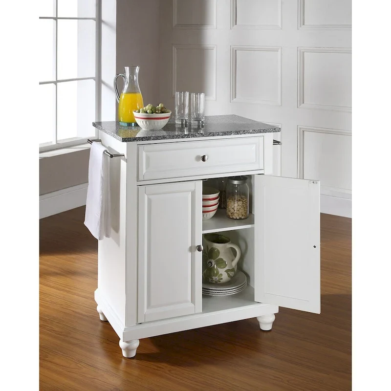 Solid Granite Top Portable Kitchen Island in White Finish - 31 W x 18 D x 35 H