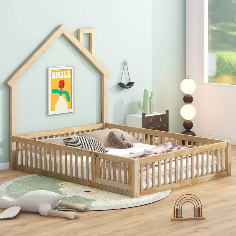 Full Size House Platform Bed with Guardrail for Kids