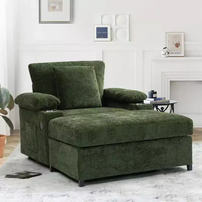 Modern Oversized Chair with Ottoman, Chenille Fabric Accent Chair Comfy Sofa Bed with Cup Holders and USB Ports - ModernLuxe