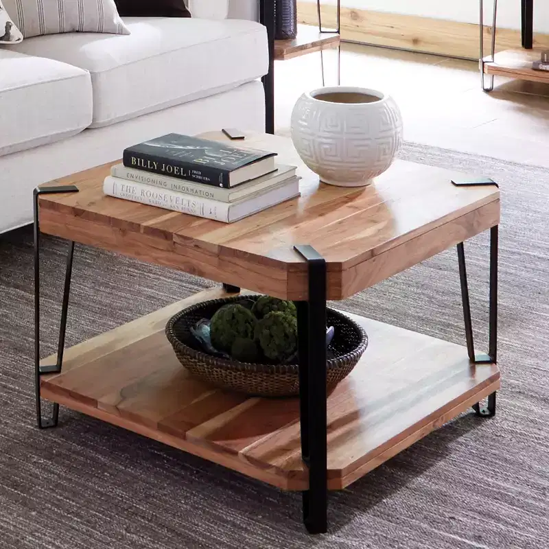 28" Natural Brown Live Edge Solid Wood Cube Coffee Table Metal And Wood: Acacia Top, 4-Leg Base