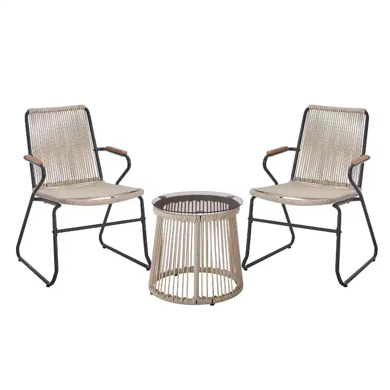 Christopher Knight Home Bobby 3 Piece Outdoor Rope Weave, Tempered Glass and Metal Seating Set