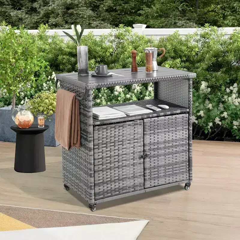 Outdoor Wicker Bar Serving Cart with Glass Top - Gray, 35.2