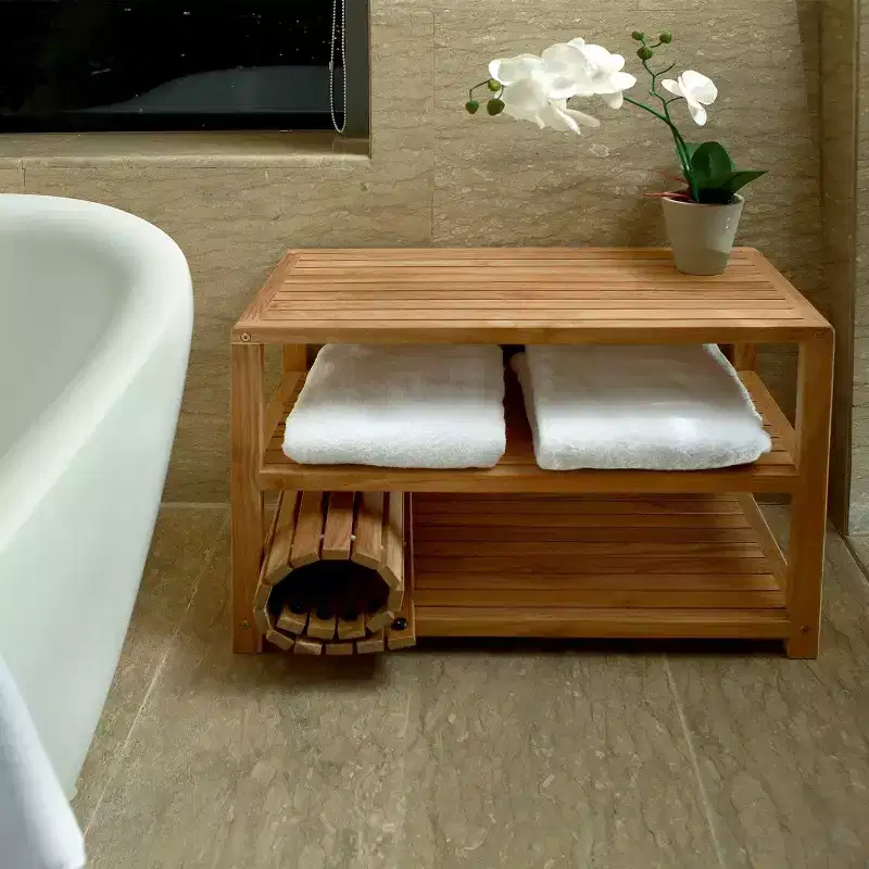 Natural Teak 28 or 40 Shower and Spa/Bathroom/Outdoor Storage Bench with Shelves - Beige