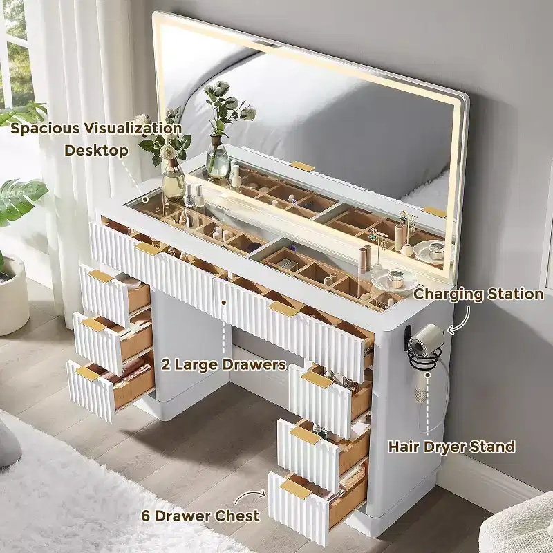 48 Fluted Makeup Vanity Desk with Mirror and Lights, Modern Vanity Table with 8 Drawers & Charging Station, Vanity Desk with Glass Top