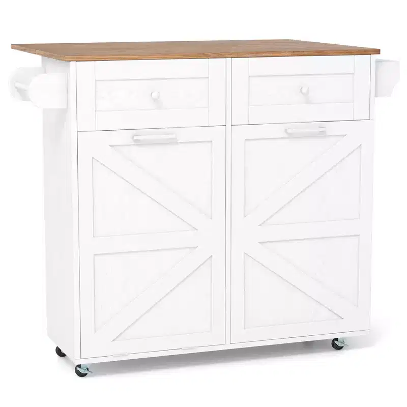 Costway Rolling Kitchen Island Kitchen Island Cart with Drop Leaf Trash Can Cabinet Black/White
