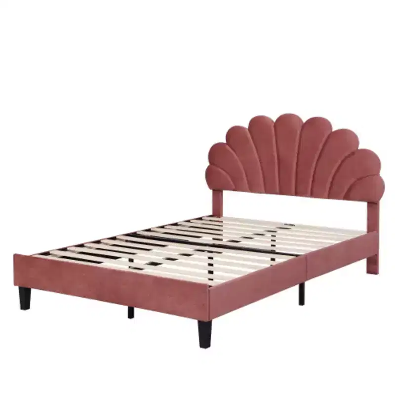 Bean Paste Red Full-Size Upholstered Platform Bed with Floral Velvet Headboard