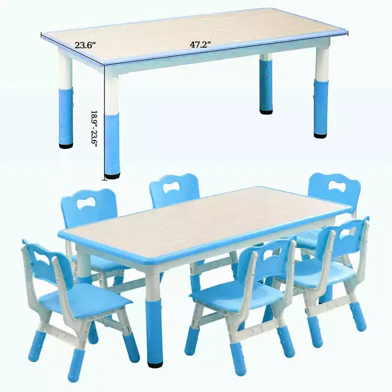 Kids Table and Chairs Set, Height Adjustable Desk with 6 Seats for Ages 2-10,Arts & Crafts Table,Graffiti Desktop, Non-Slip Legs