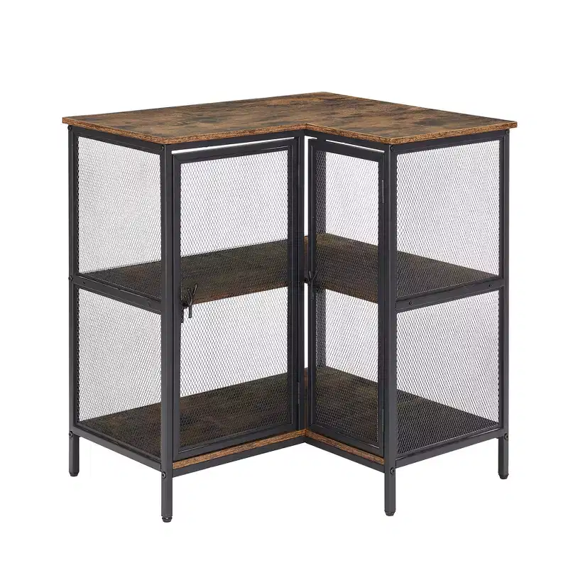 VECELO 3 Tier Corner Storage Cabinet with Mesh Doors, Rustic L-Shaped Corner Shelf Unit, Small Corner Organizer Cabinet for Living Room, Home Office