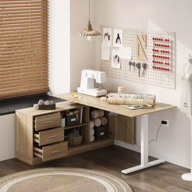 Oak-Effect Height-Adjustable L-Shaped Office Desk Sewing Desk 3 Drawers + Open Storage