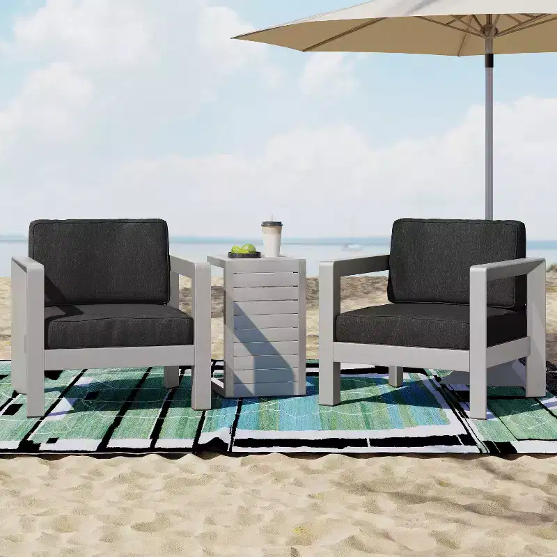 Christopher Knight Home Aviara Outdoor Aluminum 3 Piece Chat Set with C Shaped Side Table