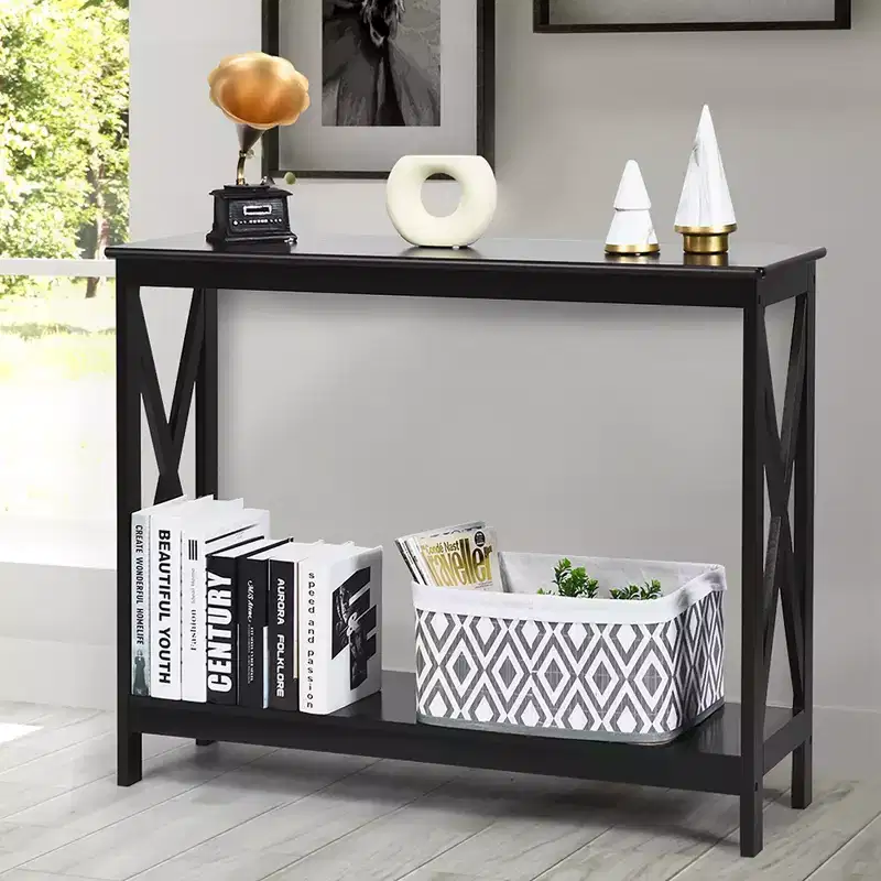 2-Tier Console Table X-Design Bookshelf Sofa Side Accent Table with Shelf - White/Black/Espresso/Wood Grain