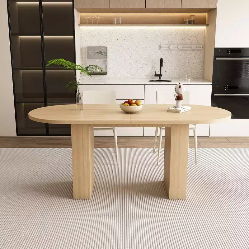 Oval Dining Table for 6 People 62.9 Inch Farmhouse Kitchen Table with Wood Strip Base Large Round Pedestal Dining Room Table for Living Space Natural