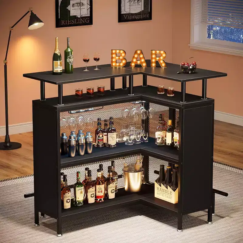 2-Tier L-Shaped Home Bar Unit – Stemware Racks, Open Shelves, Metal Mesh