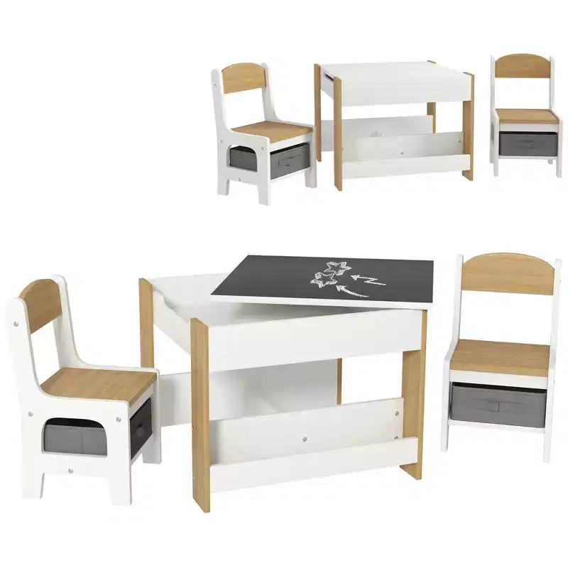 Etokfoks kids table and chair set 3 piece reversible tabletop blackboard storage drawers bookshelf for playroom nursery ages 3-8 gray