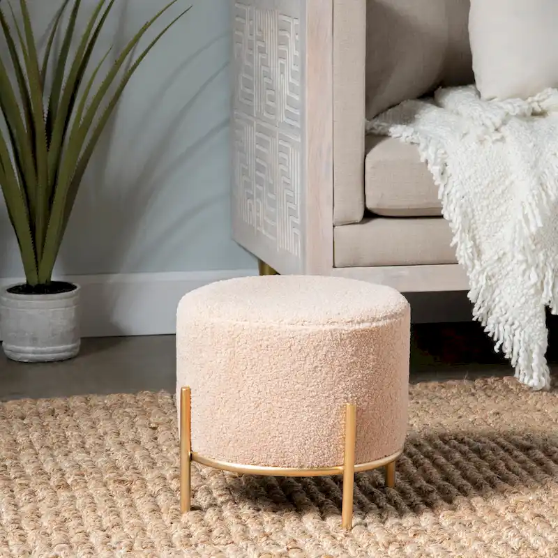 Sherpa Upholstered Round Accent Stool with Gold Finished Metal Legs - 14 x 13 inch