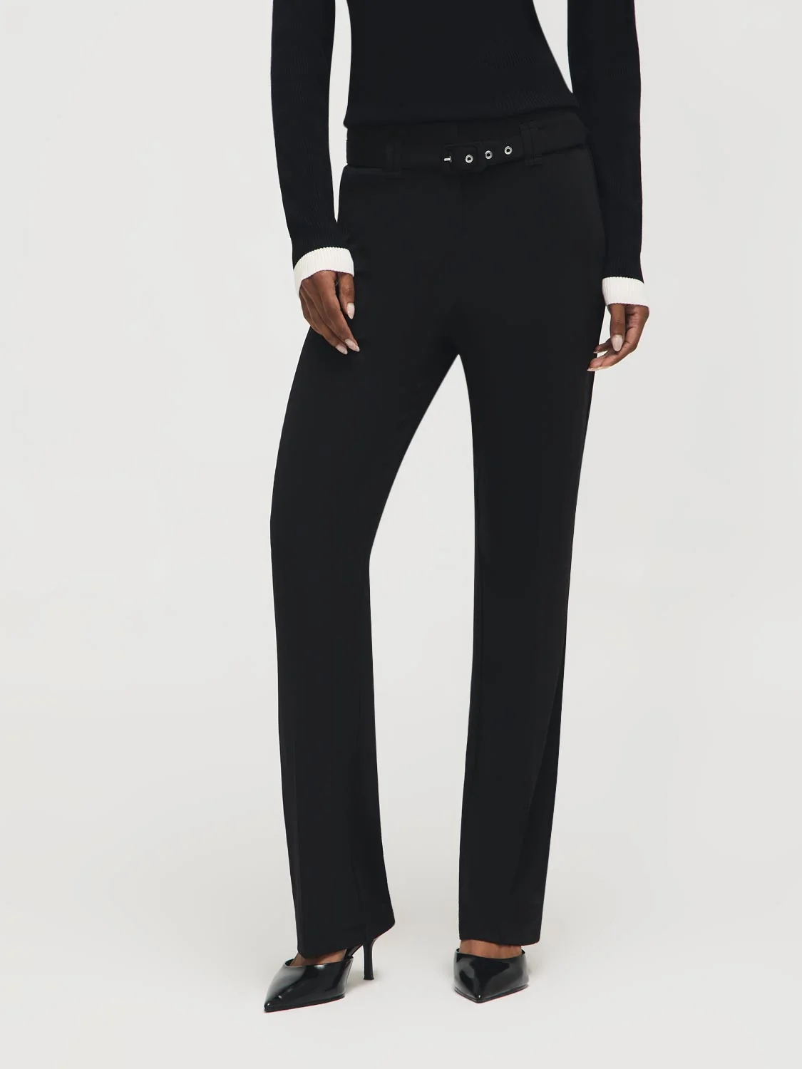 Belted Crepe Flare Leg Pants