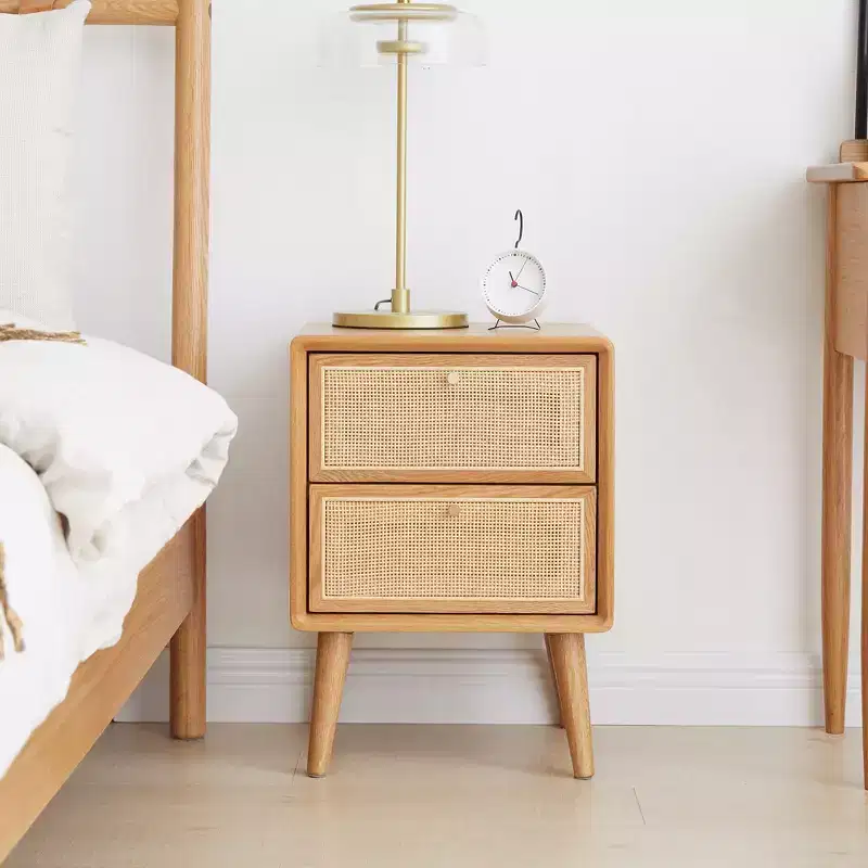 GDFStudio Nydia Solid Oak Wood and Rattan 21.26H Nightstand with Two Drawers