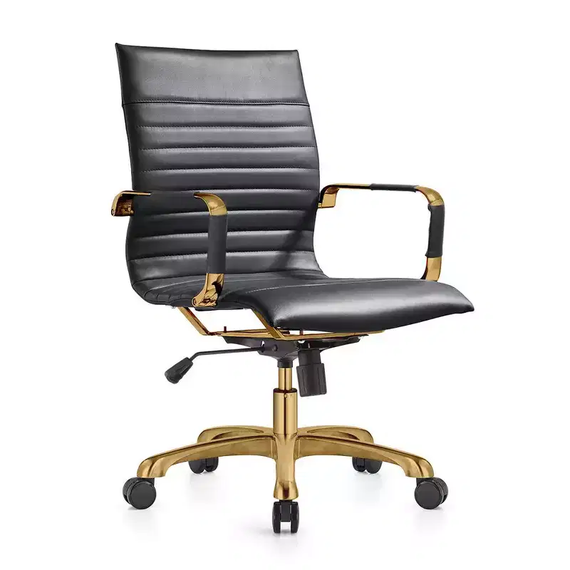 LeisureMod Harris Armless Office Chair - Ribbed Leather with Gold Metal Frame - Modern Swivel & Tilt Desk Chair