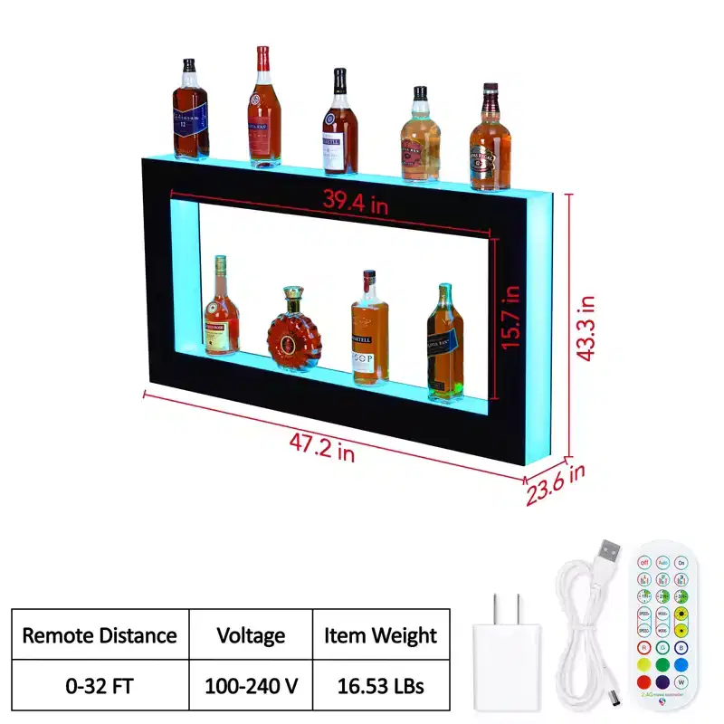 48 LED Lighted Liquor Bottle Display Shelf - 2-Step Bar Shelf with Remote & App Control, Black