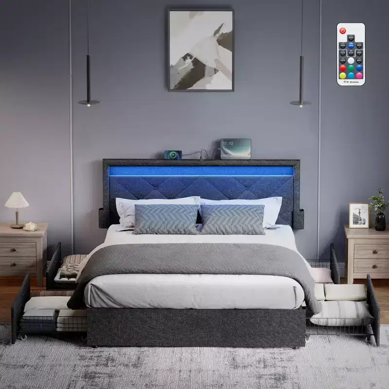 VASAGLE LED Bed Frame Queen/Full/Twin Size with Headboard and 4 Drawers, 1 USB Port and 1 Type C Port, Adjustable Upholstered Headboard, Grey