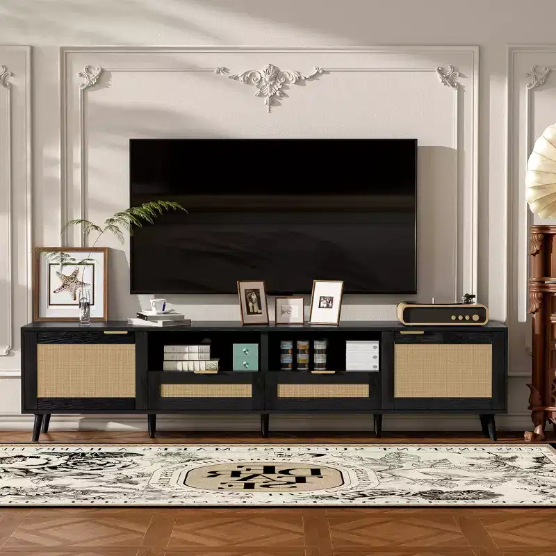 Rattan TV Stand for TVs up to 85 Inches with Storage Cabinets and Open Shelves