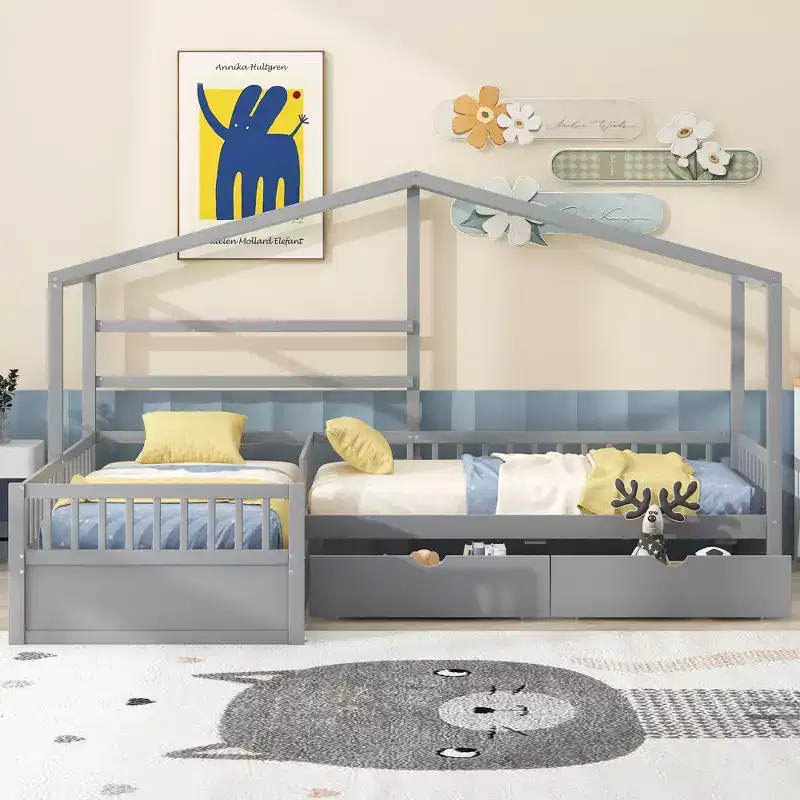 Whisen Twin Size House Platform Bed with Three Storage Drawers