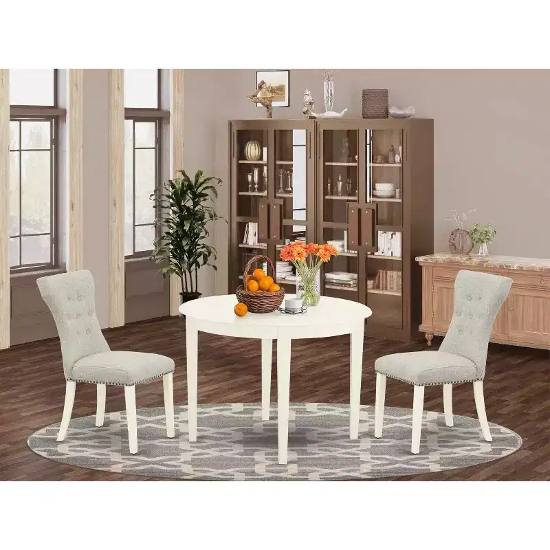 Round Dinette Set - 3 Piece Kitchen Table & Chairs - Linen White Finish - Modern Parson Design