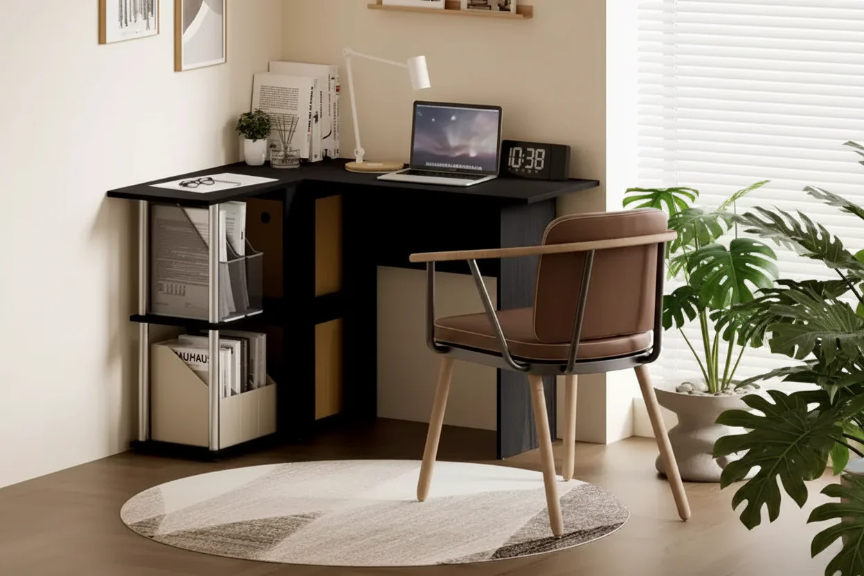 L Shaped Computer Desk Corner Study Writing Desk with Open Storage Shelves for Home Workspace