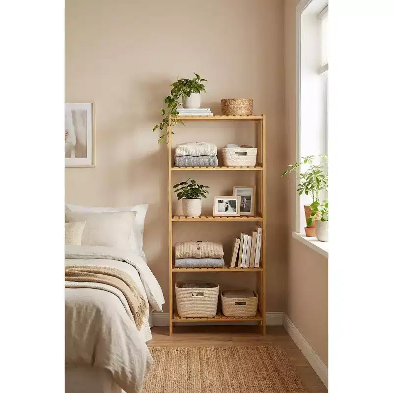 5-Tier Bamboo Shelf  Wide Narrow Plant Stand with Slatted Shelves, Natural Wood Storage Rack for Bathroom, Living Room, Kitchen, Bedroom
