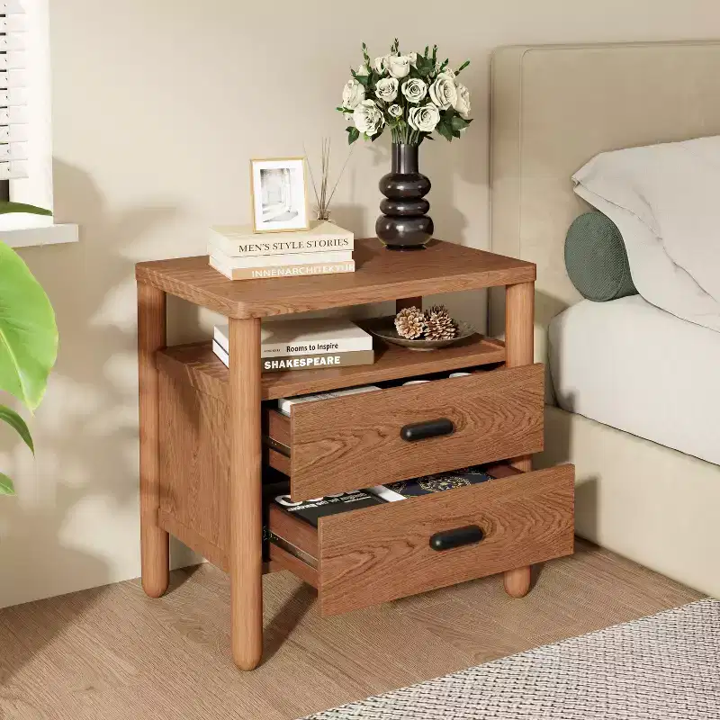 Modern Nightstand with 2 Drawers & Open Shelf – Warm Brown Ash Wood Finish