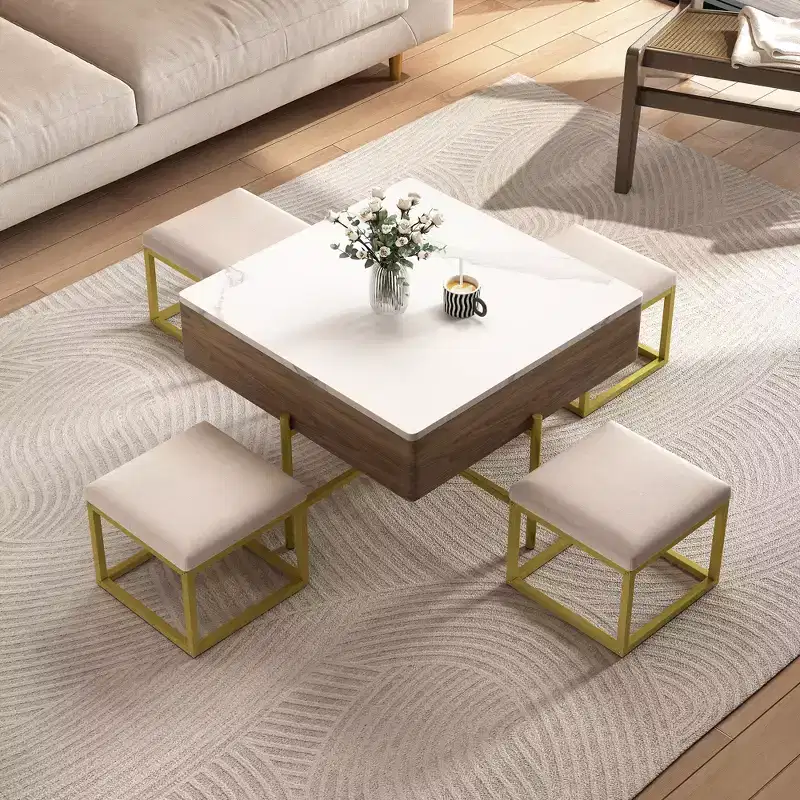 Square Lift-Top Coffee Table with Ottomans and Storage, Gold Center Table Set with Stools Underneath for Living Room, White & Walnut