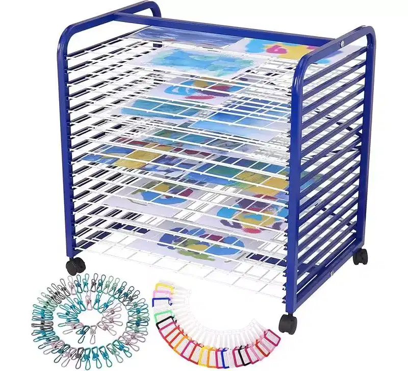 An Art Drying Rack with 4 Lockable Wheels and Detachable Shelves, Suitable for Studios, Art Rooms, Handicraft Rooms and Tabletops, Black