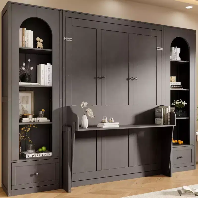 Queen Size Murphy Bed Wall Bed with Side Cabinets and LED Light, Cabinet Bed Folding Wall Bed with Storage Shelves and Drawers for Guest Room, Gray