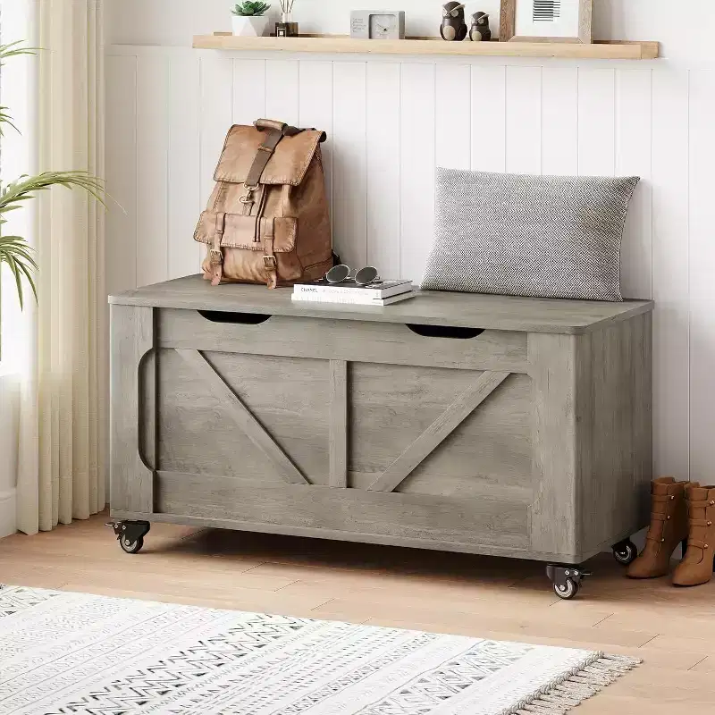 Acekool Storage Chest with Wheels, Wooden Trunk Bench 39.4 with Safety Hinges, 350 lb Support, Rounded Corners, Entryway, Living Room, Gray