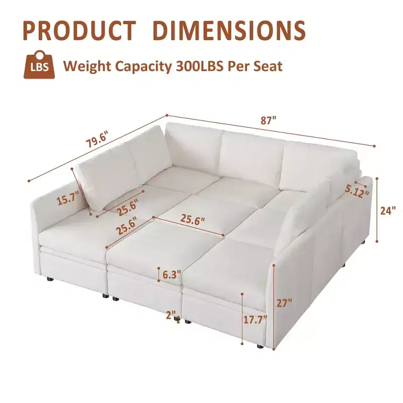 Modular Sectional Sleeper Sofa with Storage, Chenille Fabric, Up to 9 Seats – Beige