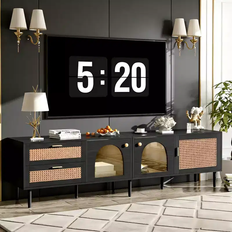 JVNOXK 70-inch rattan TV stand with 3 cabinets and 2 drawers featuring LED lighting. Suitable for TVs up to 80 inches. Ideal for living rooms. Black