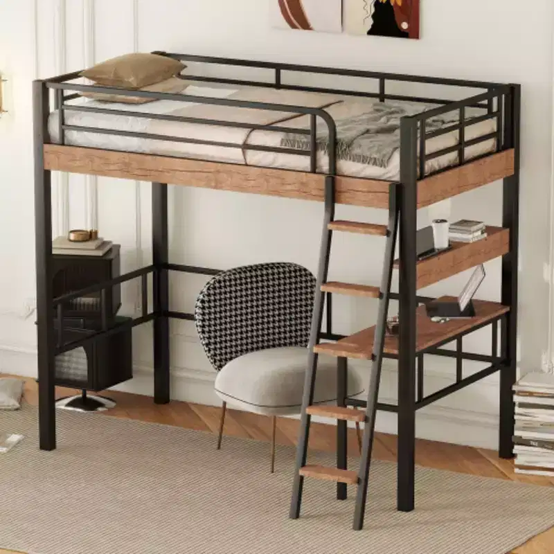Space-Saving Black Metal Twin Loft Bed: Desk, Storage and Ladder