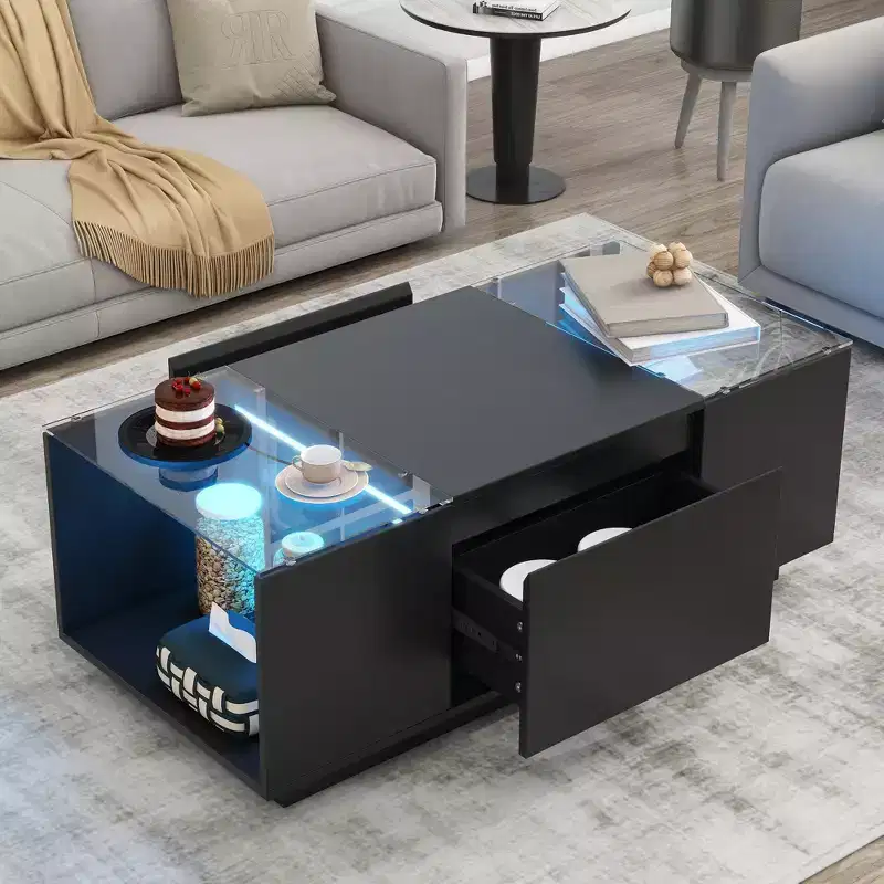 Modern Coffee Table with LED Lights, Rectangle Center Table with Storage, Coffee Table with Drawers for Living Room