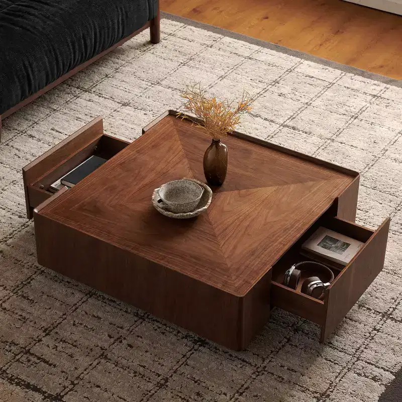 GDFStudio Ravelle 35-Inch Wood Square Coffee Table with 2 Drawers