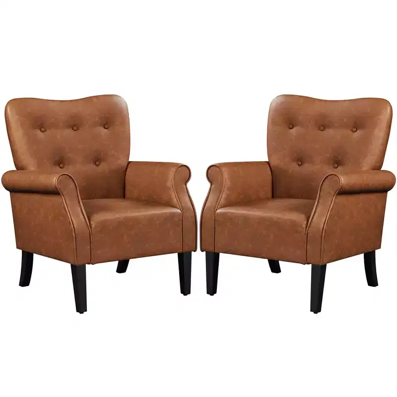 Yaheetech Set of 2 Mid-century Modern Faux Leather Armchair with Tufted High Back for Living Room, Bedroom, Retro Brown