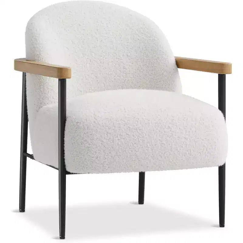 White & Black Faux Lambswool Accent Chair with Wooden Arms - Cozy Modern Lounge Chair for Living Room