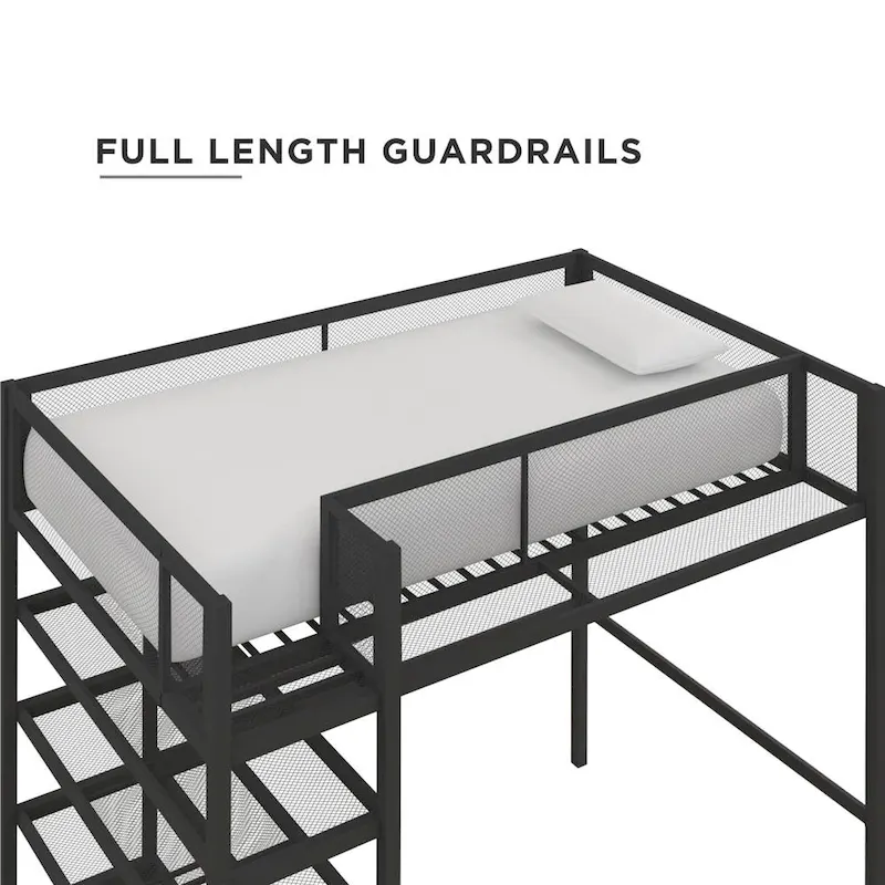 Twin Metal Loft Bed with 4-Shelf Bookcase & Full-Length Guardrails, 3 Color Options