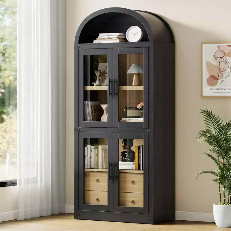 GustoWave 71.4 Tall Arched Bookcase with 4 Doors and 2 Drawers, 15.8 Depth Display Cabinet Storage Shelves ,Wooden Bookshelf