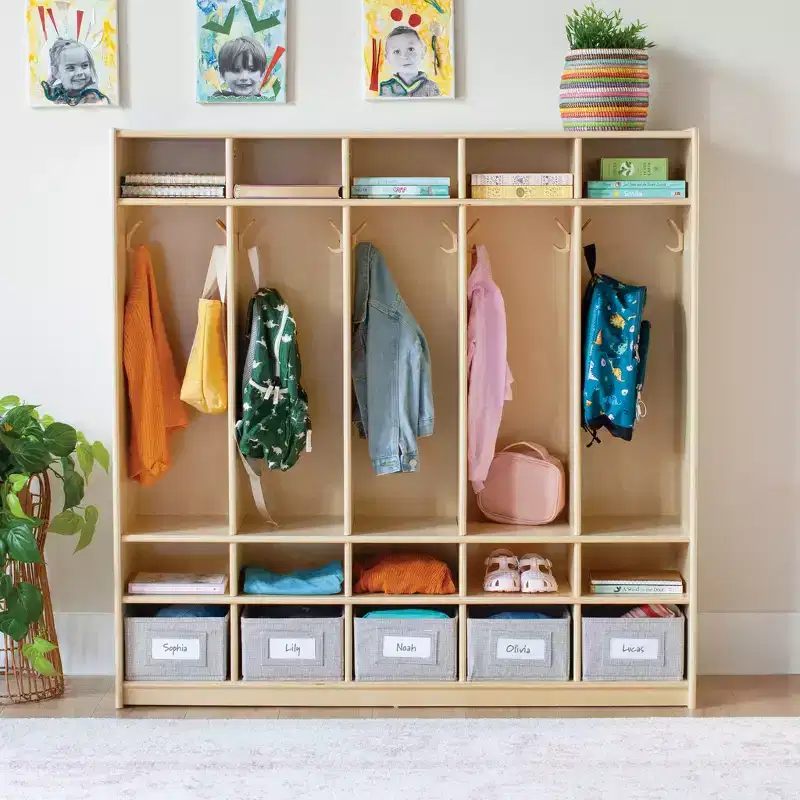 5-Section Wooden Storage Locker for Classroom, Kids Cubby Organizer with Shelves and Hooks for Coats