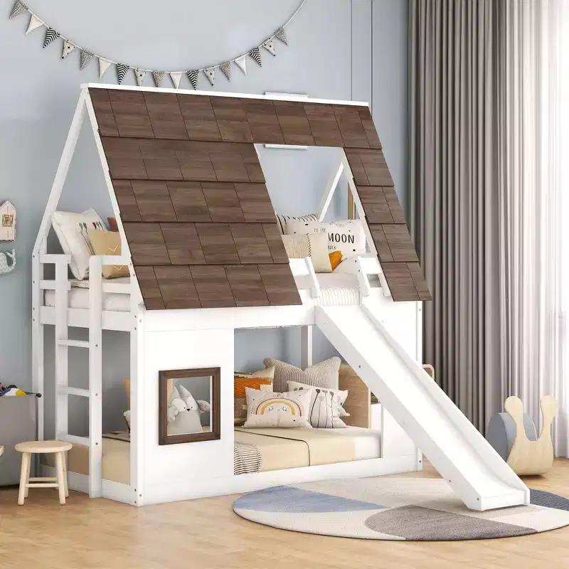 Twin Size Bunk Bed Playful Loft Bed Kids House Bed with Ladder, Slide & Roof, White & Brown - ModernLuxe