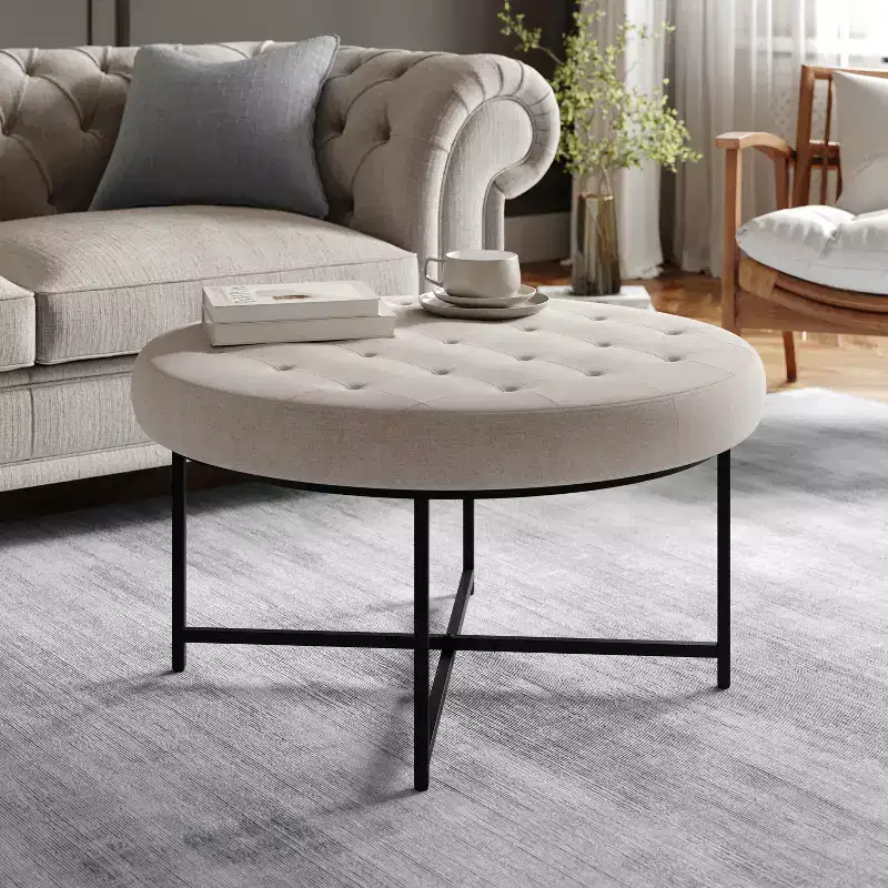 34 Round Cotton Linen Tufted Ottoman with Metal Frame