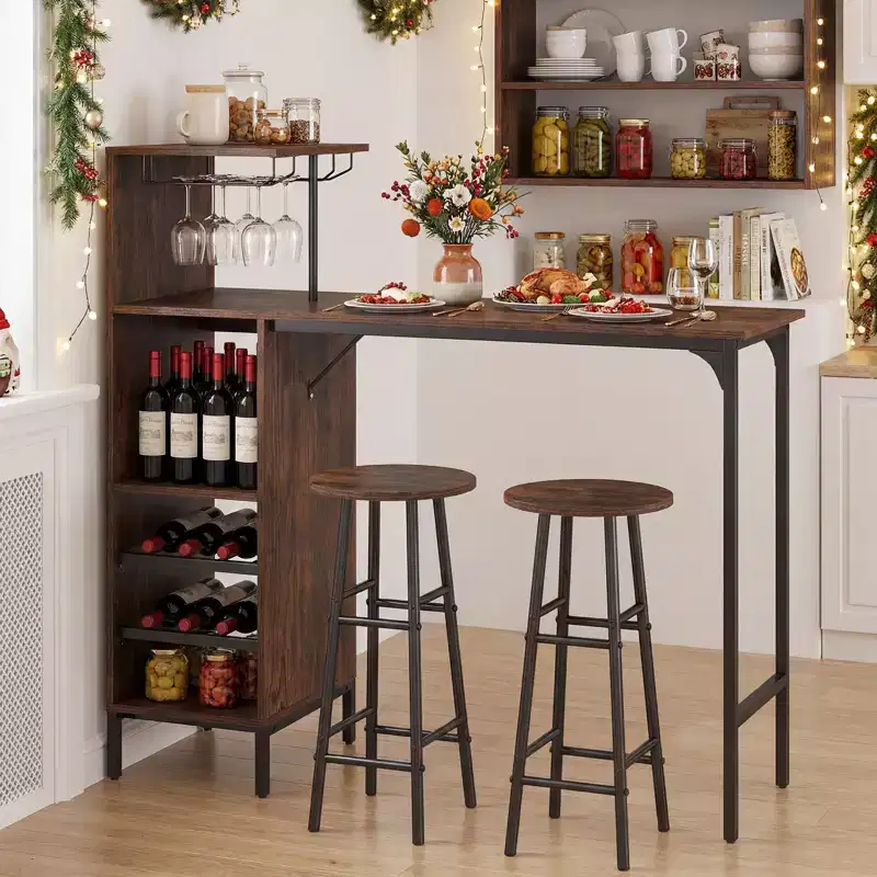 Costway 3 PCS Bar Table and Chairs Set Industrial Pub Table & Stools with Bottle Wine Rack Brown/Oak
