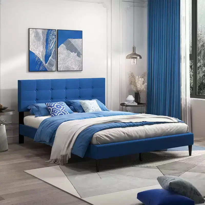 Queen Upholstered Platform Bed Mattress Foundation Button Tufted Headboard Blue/Grey